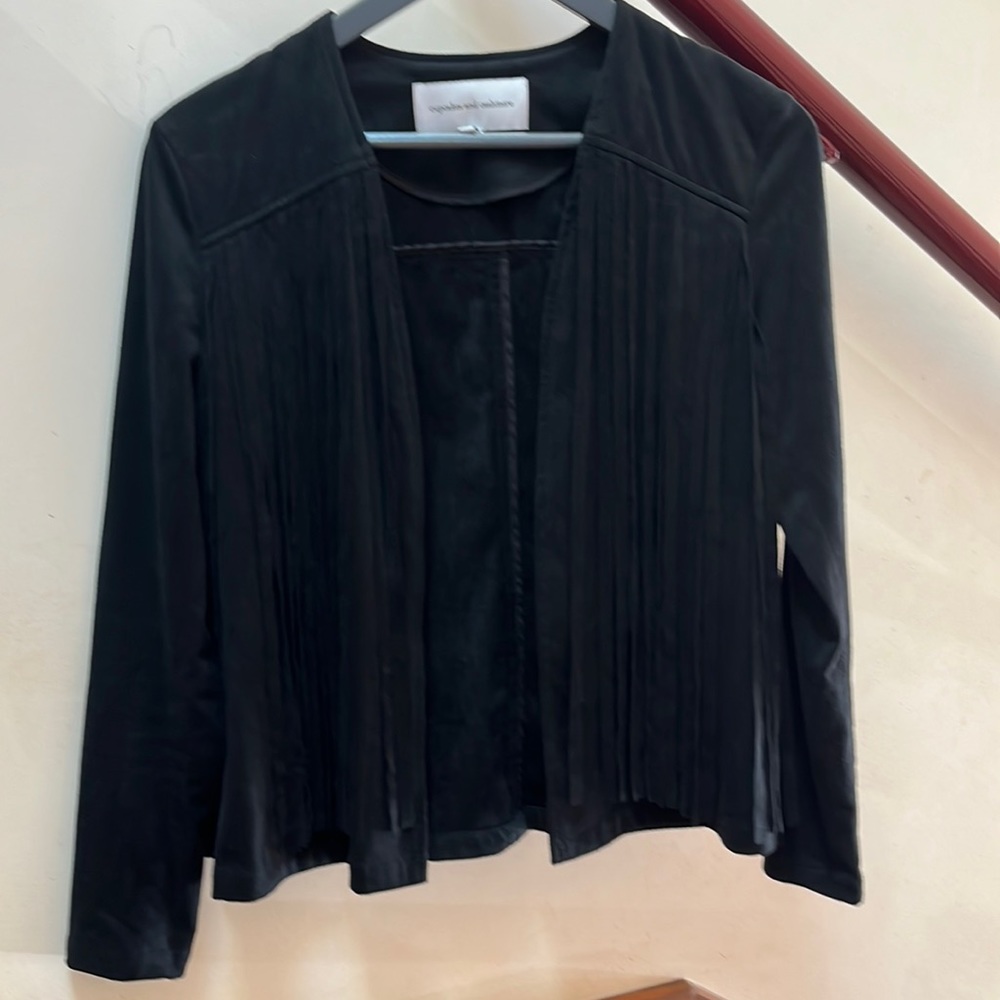 Cupcakes and cashmere black velvet jacket with tassels/fringe detailing.
